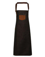 Division Waxed Look Denim Bib Apron With Faux Leather (PW136)