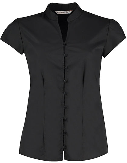 Tailored Fit Mandarin Collar Poplin Blouse Cap Sleeve (K727)