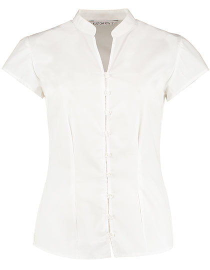 Tailored Fit Mandarin Collar Poplin Blouse Cap Sleeve (K727)